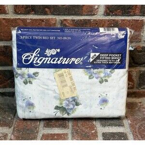Vintage Signature Twin Sheet Set Purple Blue Floral NOS 3pc New Open Wrap